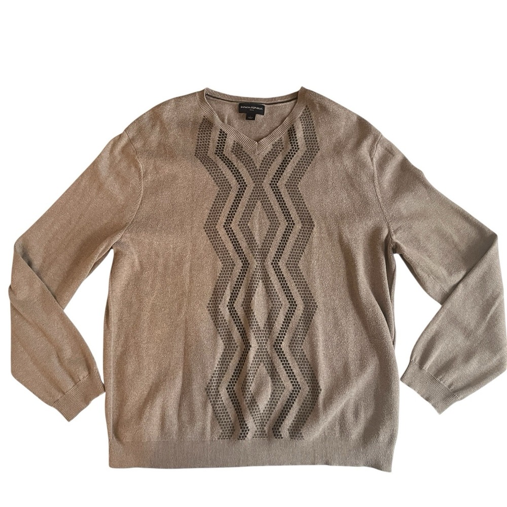 Banana Republic Men's Size L Tan Sweater 100% Cotton‎ Geometric V-Neck